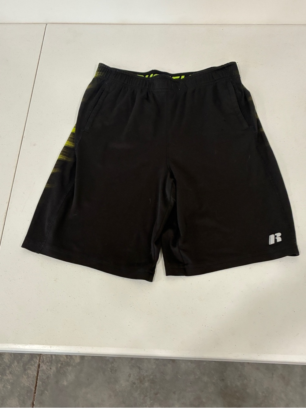 Russell Athletic Boys Basketball Shorts Size L 10-12 Black Acid Volt Yellow